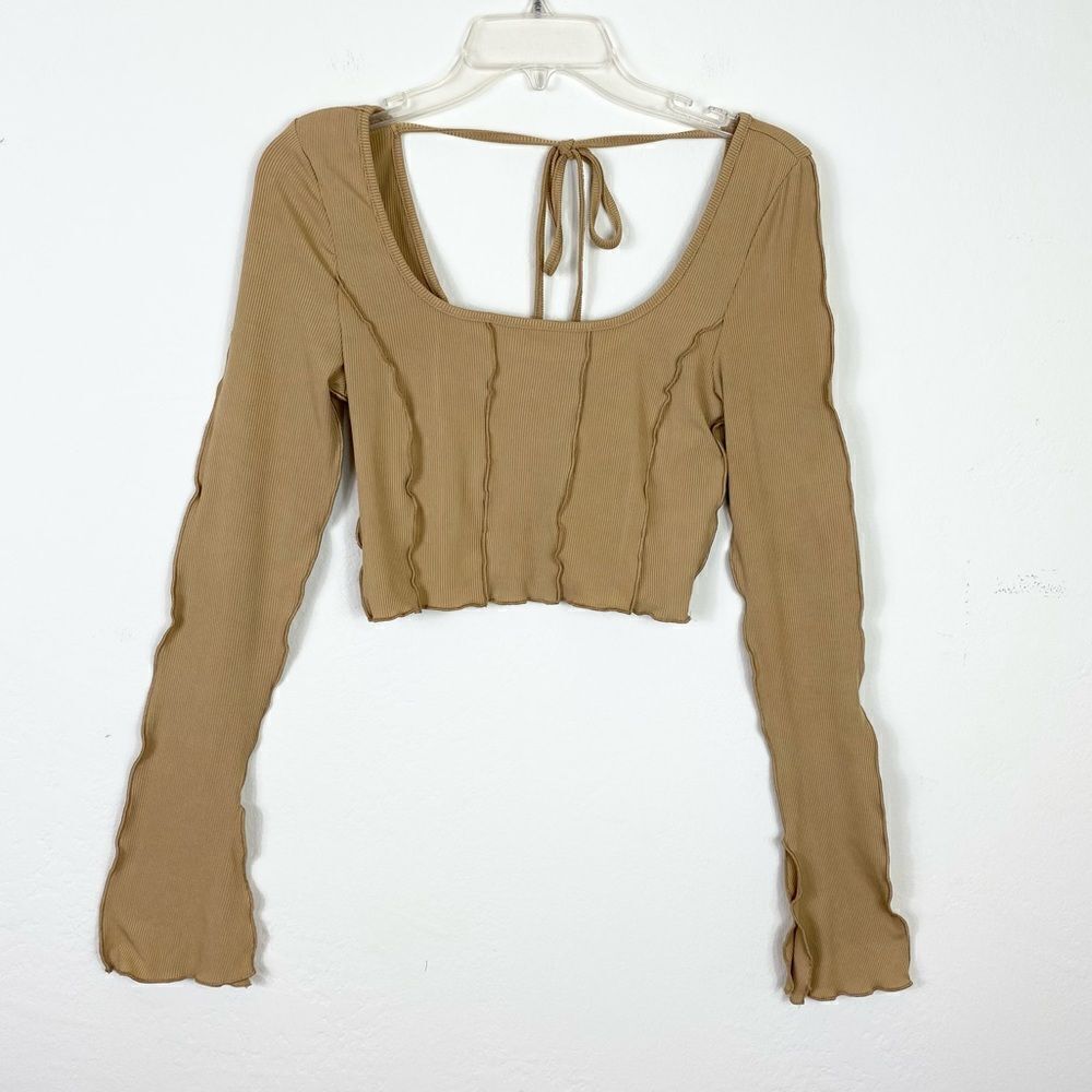 Shein Tan Exposed Squiggle Seam Long Sleeve Open Tie Back Crop Top